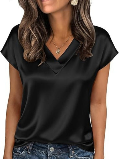 V-neck Satin Leisure Solid Color T-shirts