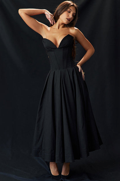 Strapless Deep Plunge Corset Boned Pleated A-Line Midi Dress