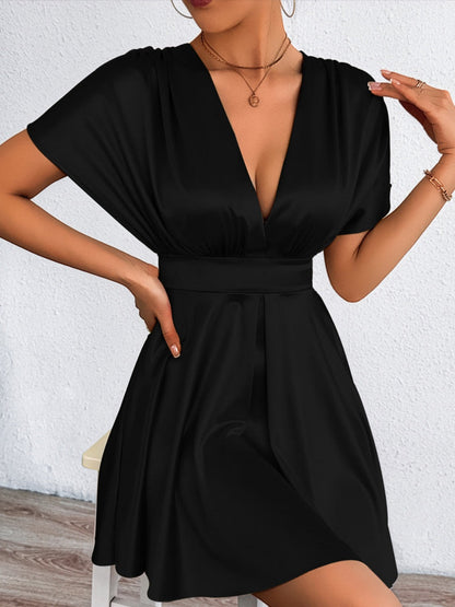 V-neck, Fitted Waist, Zippered, Glossy Short Dress