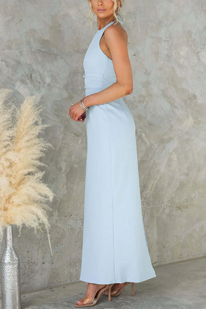 Halter Sleeveless Back Slit Waisted Maxi Dress