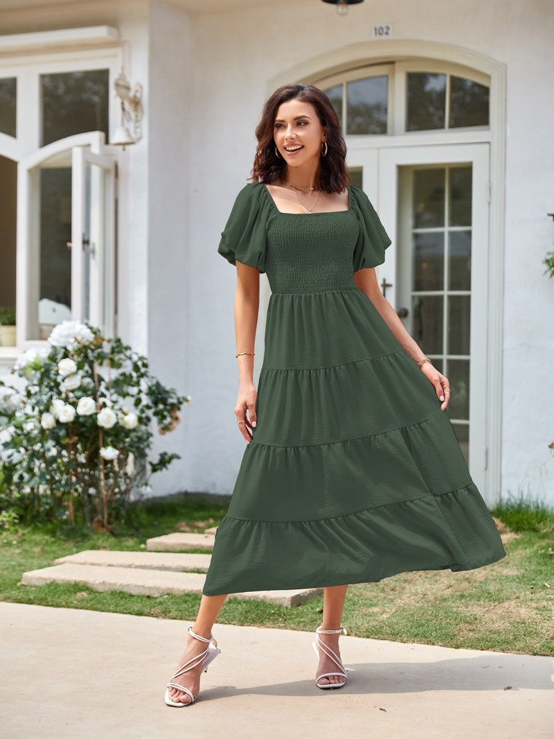 Square Neck, Backless, Puff Sleeve, Pleated Short-sleeved Long Dress