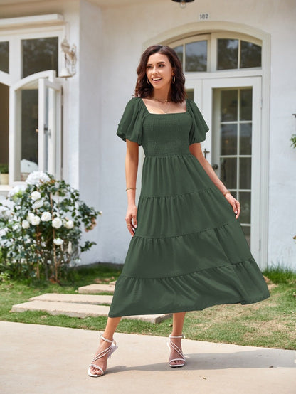 Square Neck, Backless, Puff Sleeve, Pleated Short-sleeved Long Dress