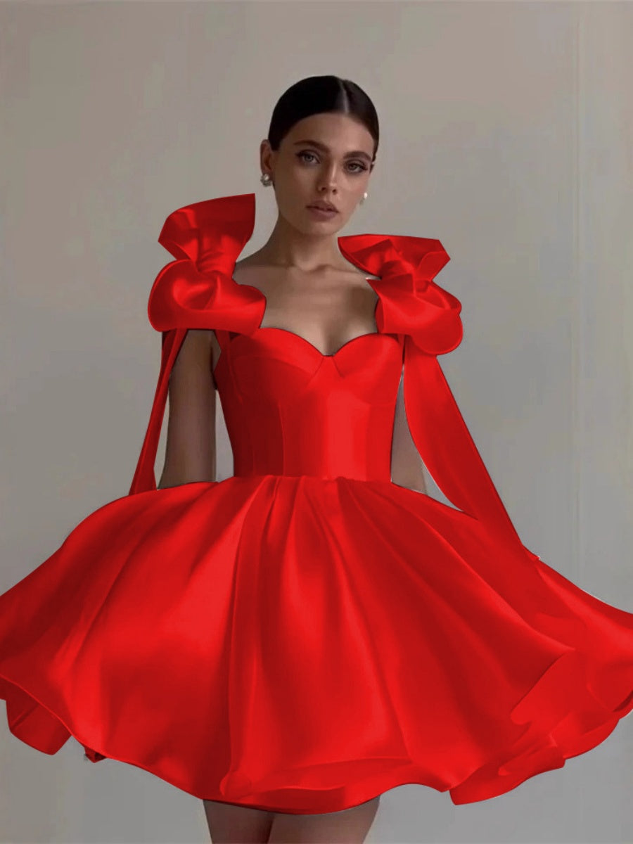 Glossy Fabric, Bow Design, Spaghetti Strap Mini Dress