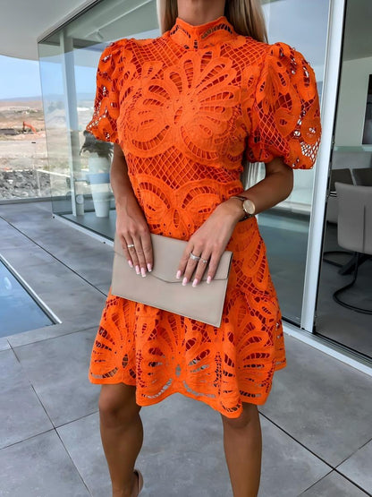 Solid Color Hollowed-out Water-soluble Lace Trim Elegant Mini&Short Dresses