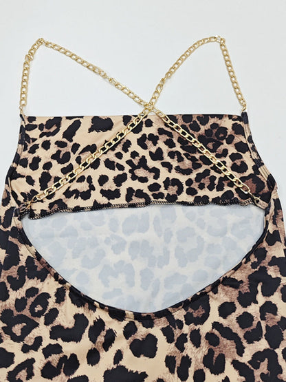 Chain Backless Camisoles Irregular High Slit Leopard Print Maxi Dresses