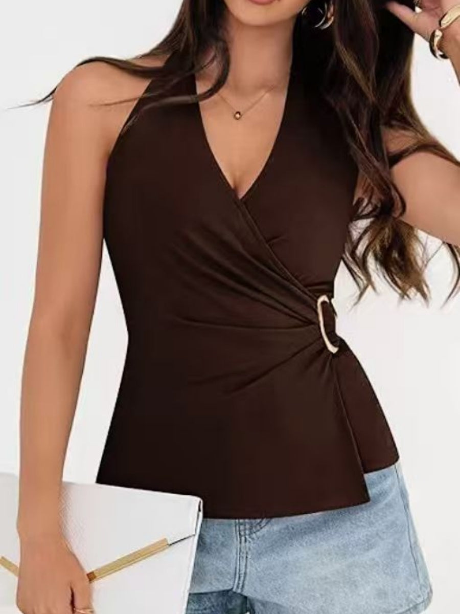 V-neck Halter Sleeveless Cross Metal Decoration Backless Jacket Camisoles Tank Tops