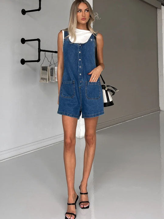 Straight-leg Denim Overalls Shorts