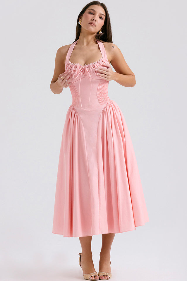 Halter Sweetheart Neck Lace Trim Ditsy Floral Corset Bodice Midi Dress