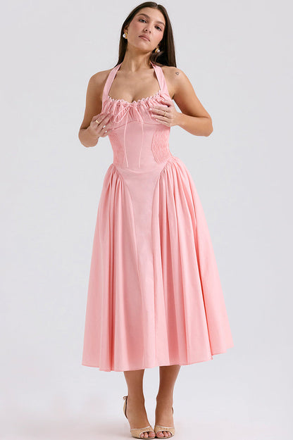 Halter Sweetheart Neck Lace Trim Ditsy Floral Corset Bodice Midi Dress