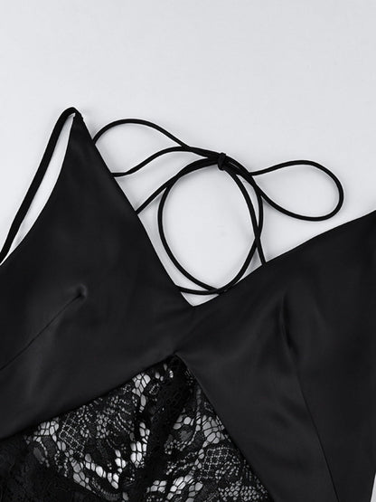 Black Lace Open Backless Halter High-waisted Long Dress