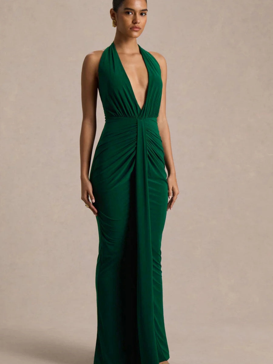 V-neck Halter Temperament Pleated Hip-hugging Big Backless Midi Dresses