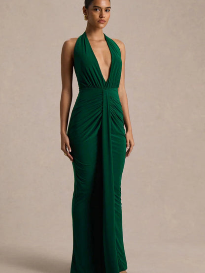 V-neck Halter Temperament Pleated Hip-hugging Big Backless Midi Dresses