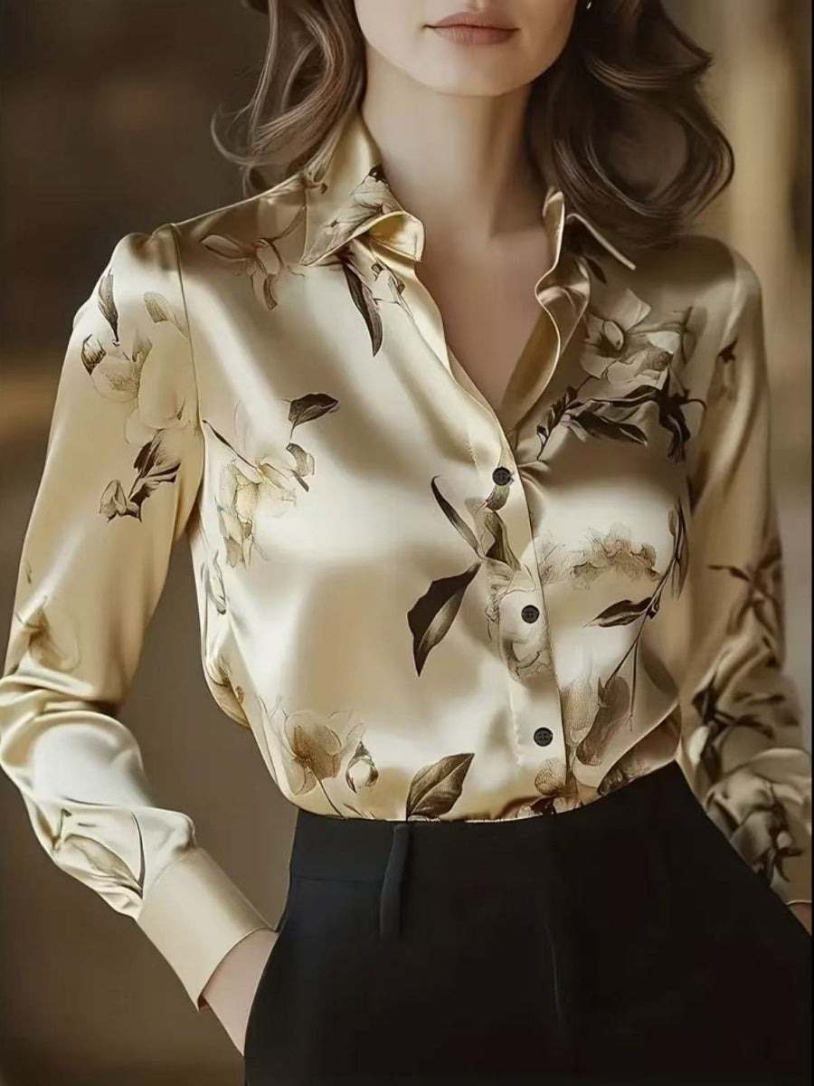 Printed Single-breasted Slim-fit Satin Casual Shirts
