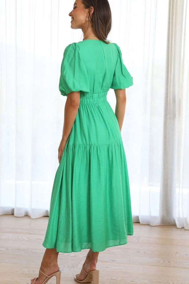 V Neck Puff Sleeve Smocked Empire Waist Tiered Midi Dress