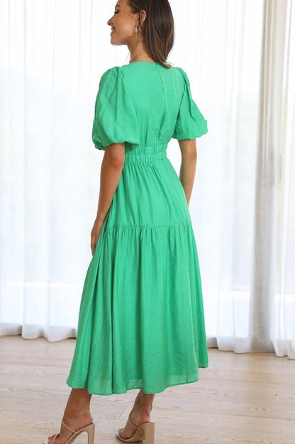 V Neck Puff Sleeve Smocked Empire Waist Tiered Midi Dress