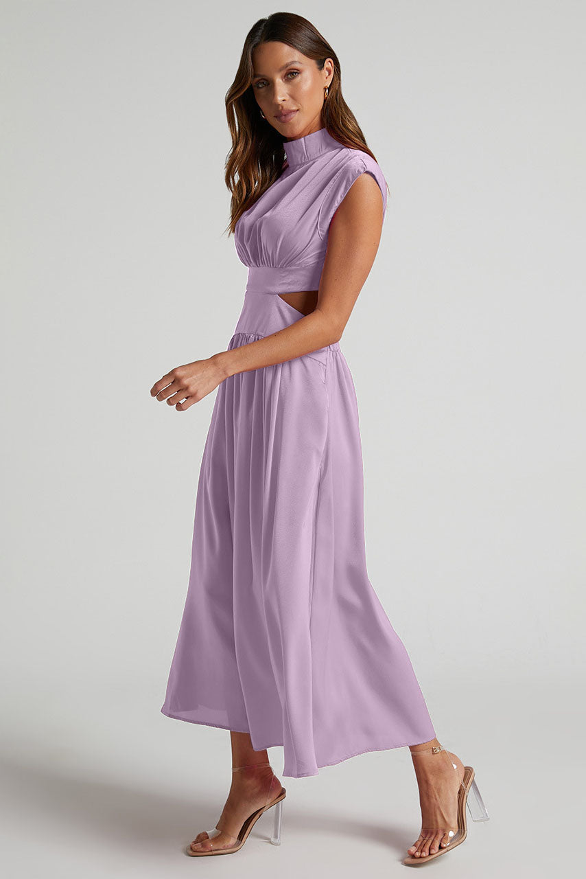 Mock Neck Ruched Bodice Waist Cut Out Flowy Midi Dress