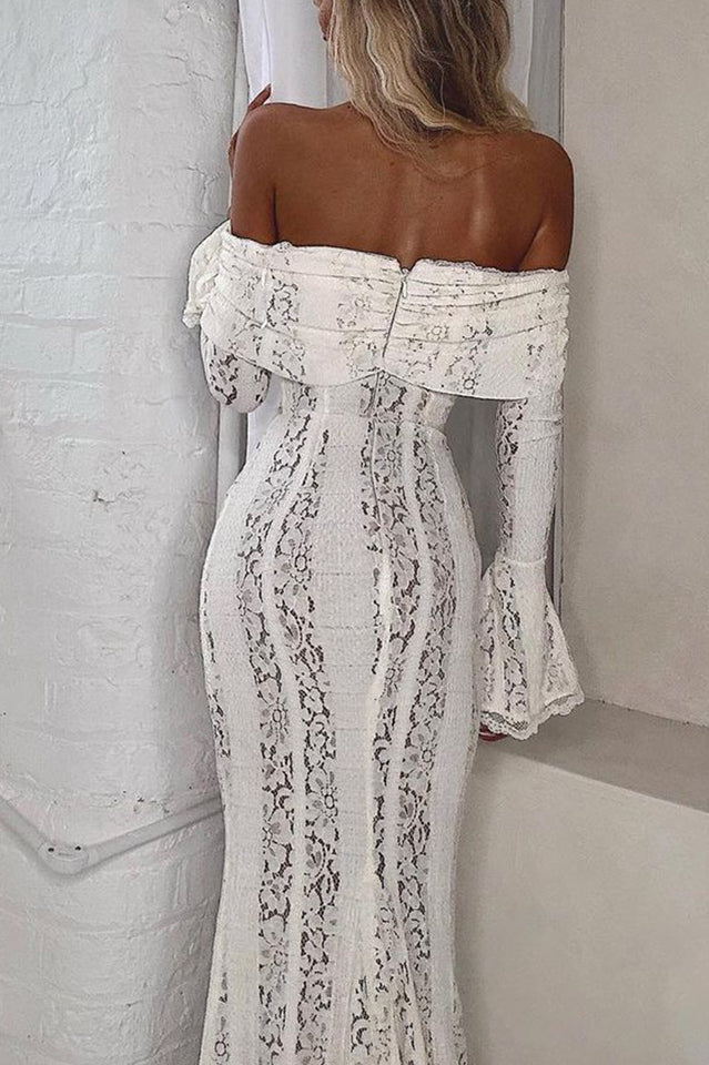 Off Shoulder Center Lace Up Ruffle Trim Bell Sleeve Mermaid Lace Maxi Gown