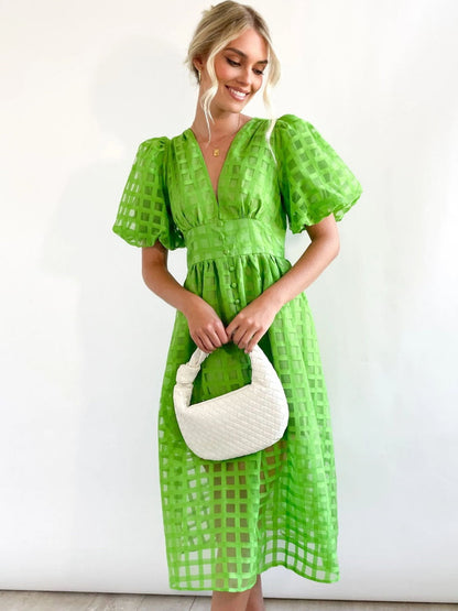 Balloon Sleeve Color Hollow Temperament Midi Dresses