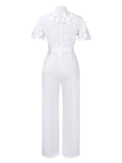 Lace Trim Hollow Short Sleeve Bandage High Waist Wide Leg Jumpsuits