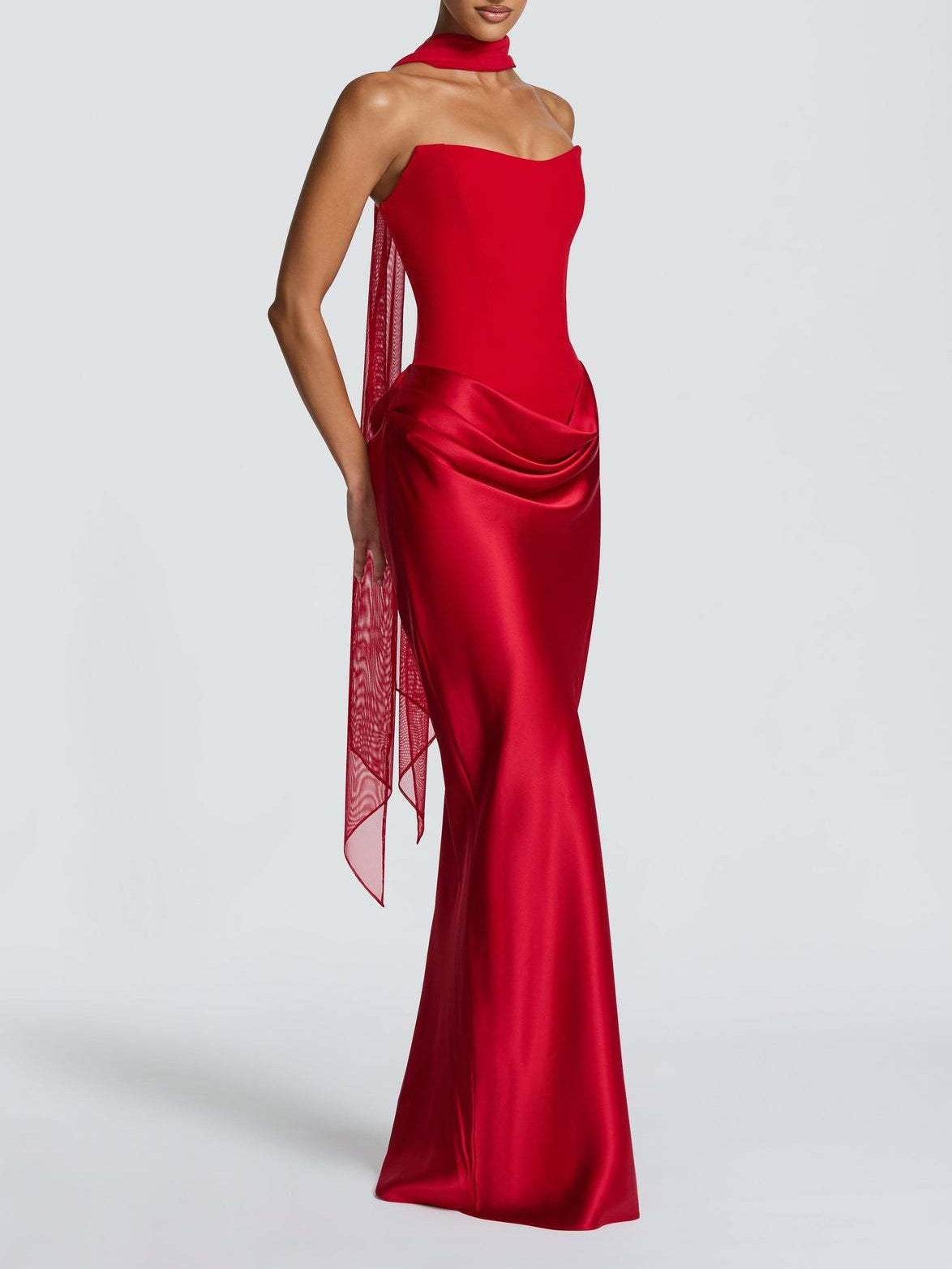 Satin Tie Ribbon Off-shoulder Sexy Strapless Bodycon Maxi Dress With Cinched Waist