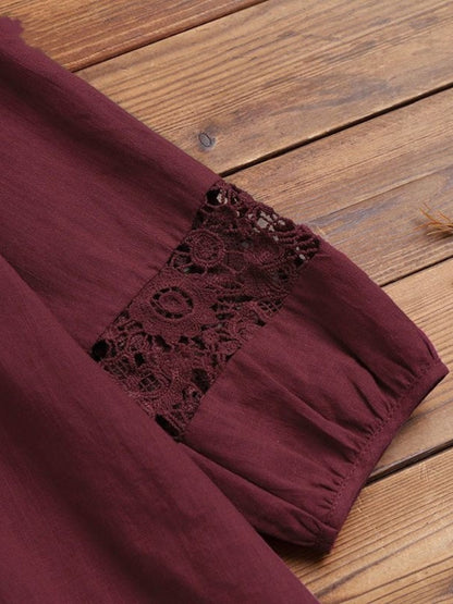 Tie-up Cotton And Linen Patchwork Lace Three-quarter Sleeve T-shirt