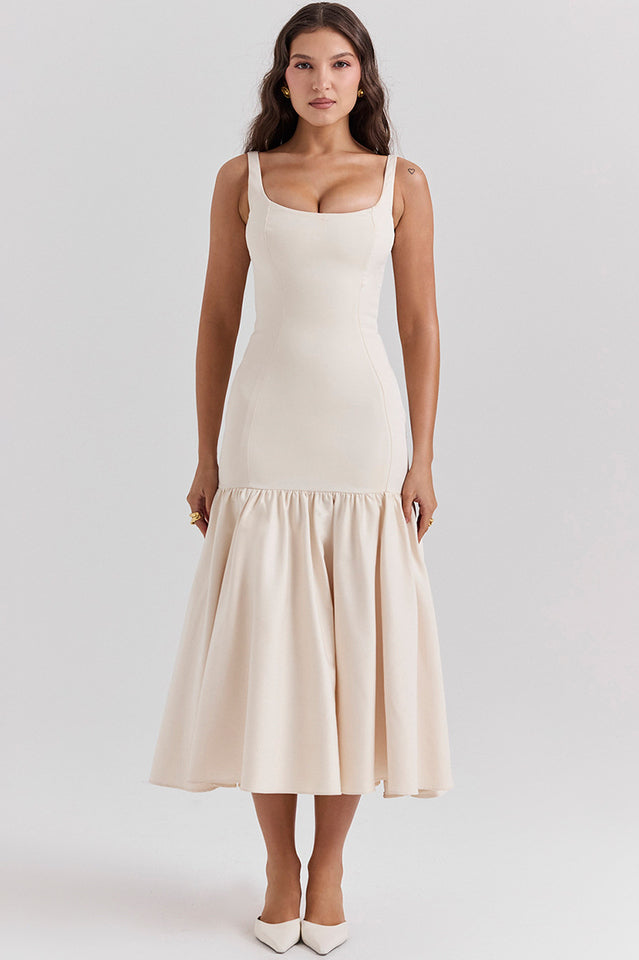 Scoop Neck Princess Seam Dropped Waist Flared Trumpet Midi Dress