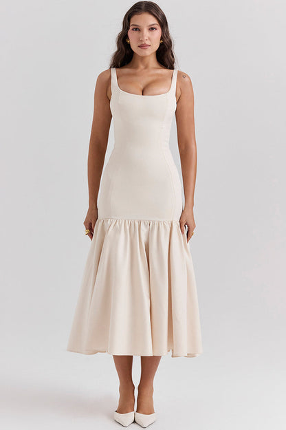 Scoop Neck Princess Seam Dropped Waist Flared Trumpet Midi Dress
