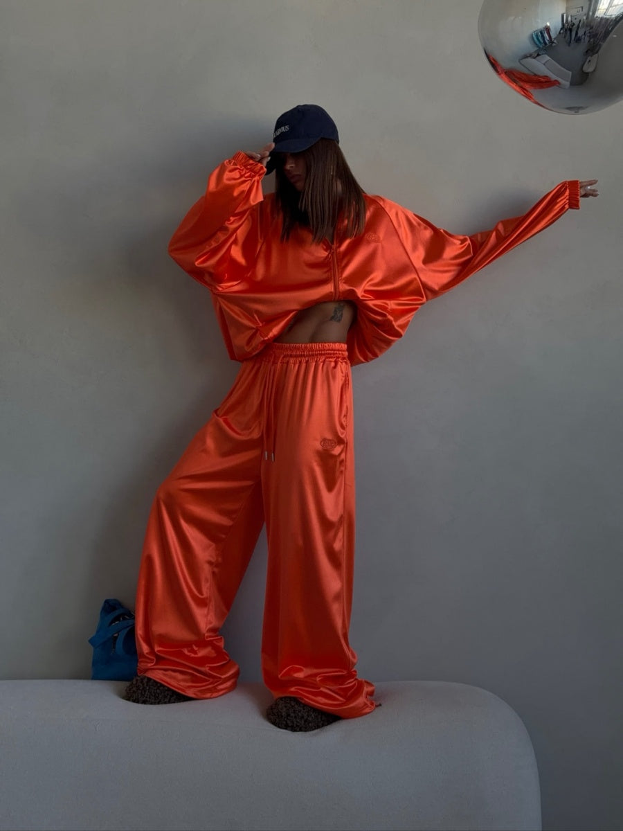 Zippered Loose Sweatshirt Jacket And Wide-Leg Pants Two-Piece Set