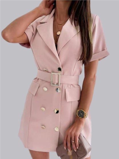 Double-breasted Lapel Belts&Chain Short Sleeve Waist Short Suit Dress