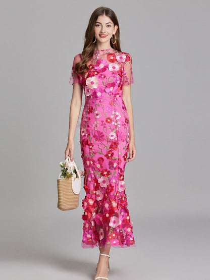 Embroidered 3D Floral Fitted Waist Short-sleeved Long Dress