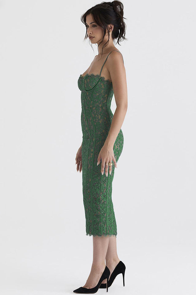 Corset Bodice Floral Lace Spaghetti Strap Scalloped Hem Midi Dress