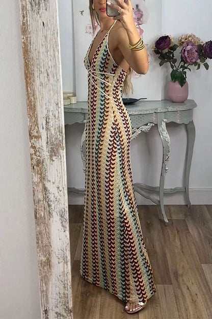 Margovil Halter V Neck Backless Color Block Crochet Maxi Dress