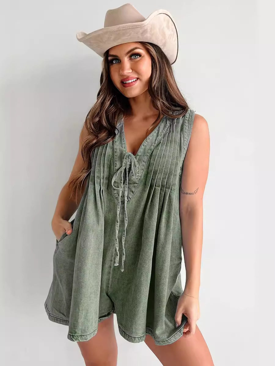 Sleeveless Short-sleeved Denim Jumpsuit