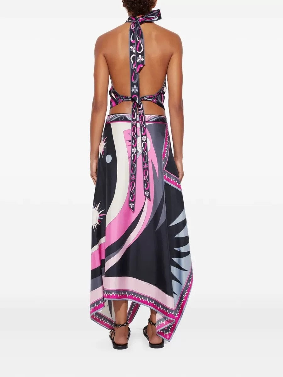 Satin Halter Neck Backless Top And Skirt Two-piece Set