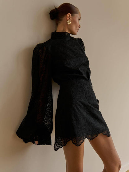 Lantern Sleeve High Neck Lace Two-piece Set