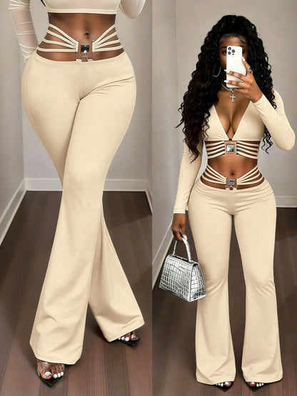 String Decoration Rhinestones Buttock Lift Bell-bottoms Stretch Pants