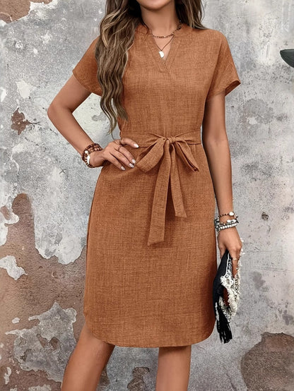 V-neck Solid Color Short-sleeved Dress With Bow Belt