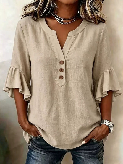 V-neck Solid Color Button Casual Ruffle Sleeve T-shirt
