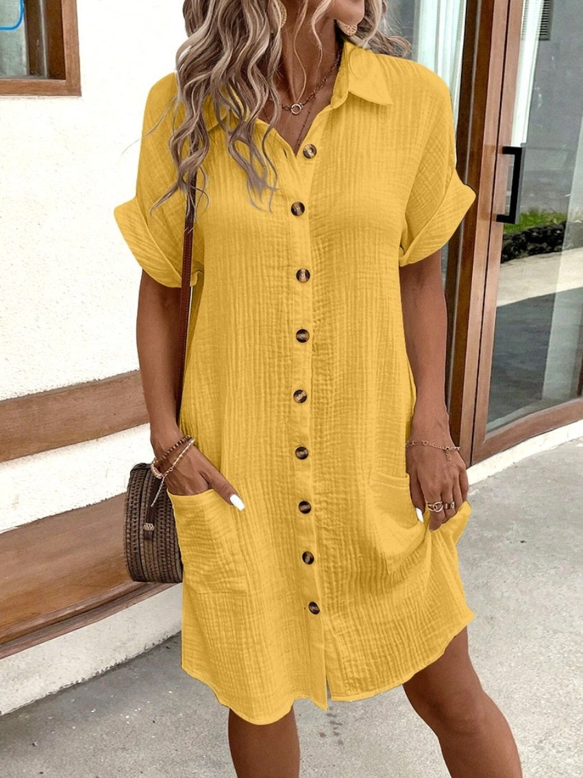 Casual Vacation Simple V-neck Button Short Dress
