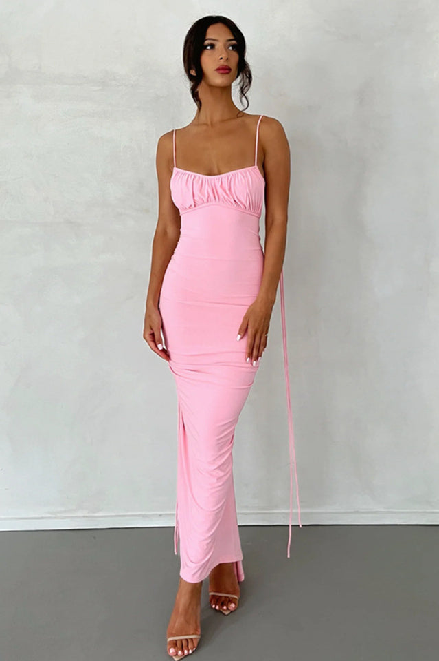 Deep V Back Tie Strap Ruched Gathered Back Bodycon Maxi Dress