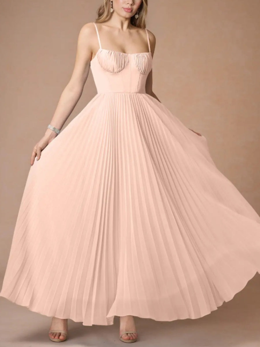 Sleeveless Deep V Slim Fit Pleated Camisoles Maxi Dresses