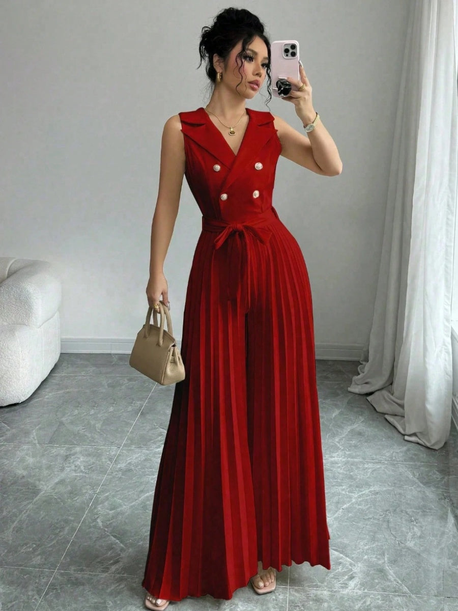 Commuting Suit Collar Pleated Pants Double-breasted Jumpsuits