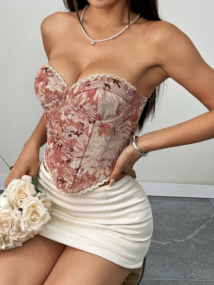 Floral Print Strapless Lace Tethered Fish Bones Strapless Bra