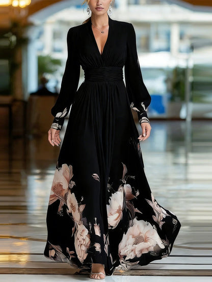 Mesh-paneled Fitted Floral Print Long Dress