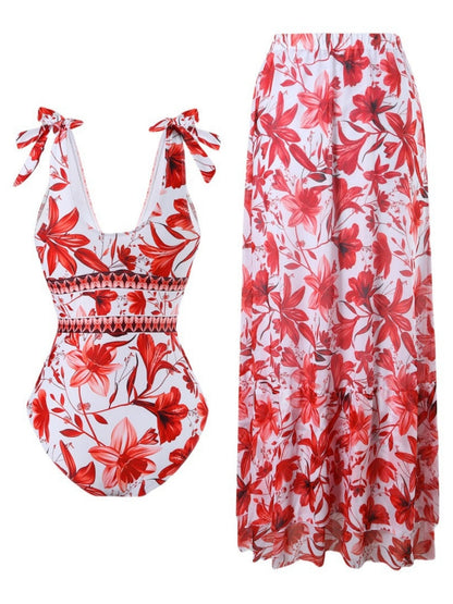 Blue And White Porcelain Print One-piece Slimming And Figure-flattering Long Swimsuit And Sun Protection Dress Two-piece Set