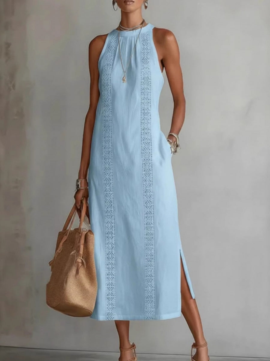 Halter Solid Color Lace Stitching Loose-fit Sundress Maxi Dresses