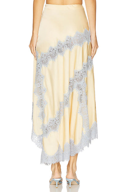 Margovil High Rise Color Block Lace Trim Satin Maxi Skirt