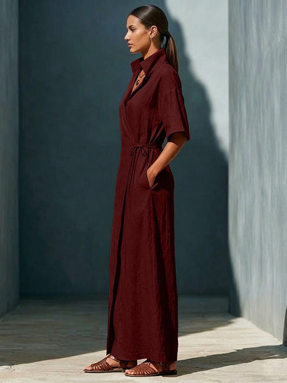 Casual V-neck Short-sleeved Tie-waist Solid Color Maxi Dresses