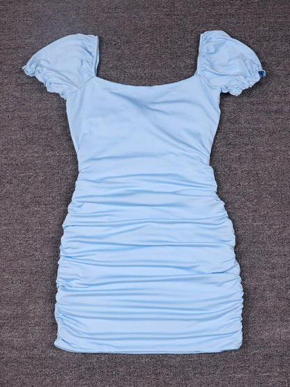 Hollow-out Pleated Puff Sleeve Bodycon Mini Dress