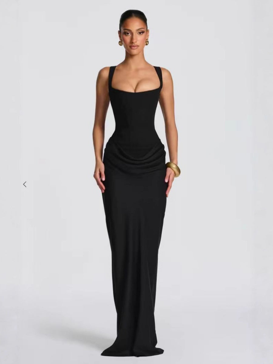 Fish Bones Waist Corset Pleated Camisoles Sleeveless Hip-hugging Maxi Dresses